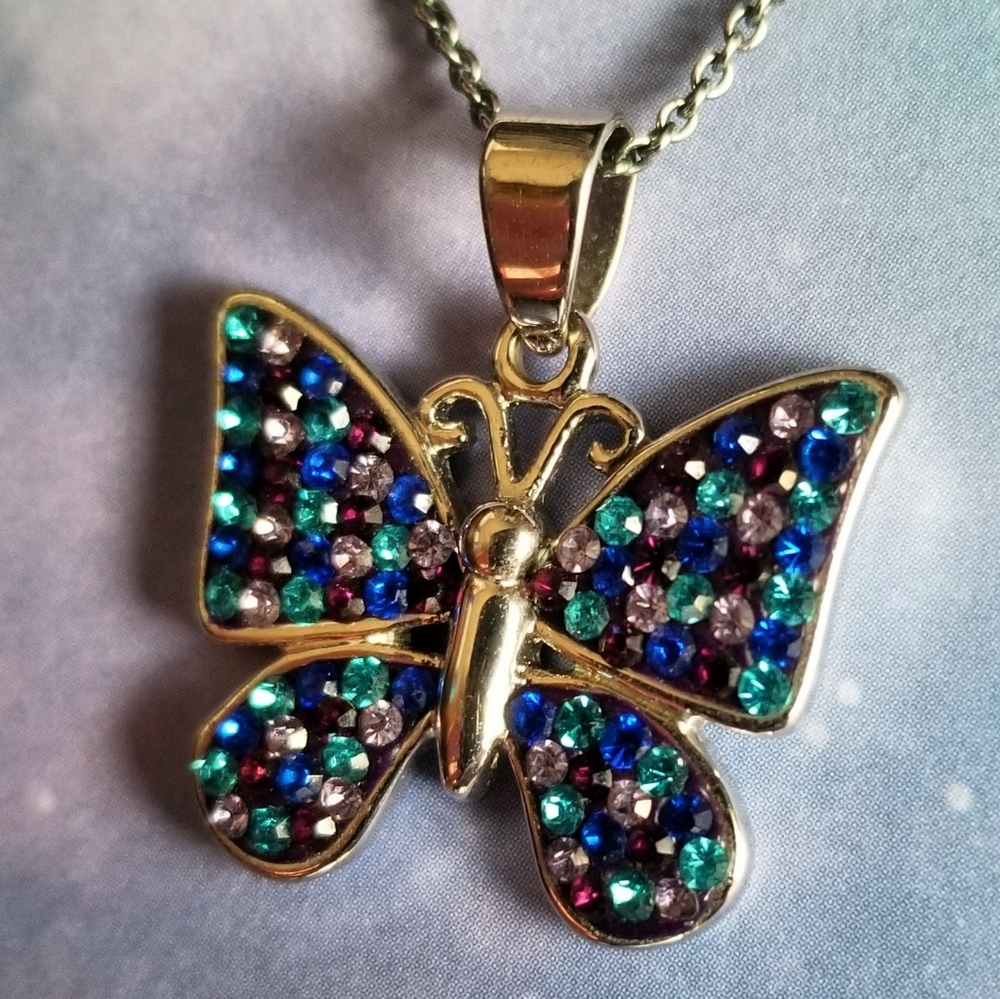 Relisted -Butterfly necklace blue and purple silver tone - Picture 1 of 13